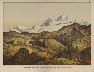 Mount Everest, det högsta berget på jorden (färg litho) av German School