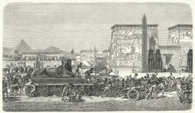 Flytta en staty i det antika Egypten (gravyr) av German School