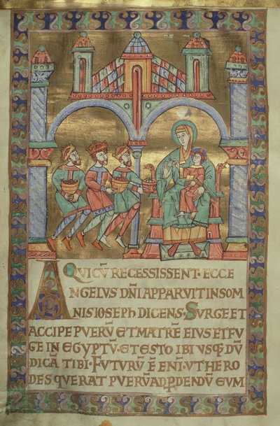 Fru Czart. 1207, IV, fol.V v. Adoration of the Magi, från The Evangeliarium of Plock Cathedral, c.1075 av German School