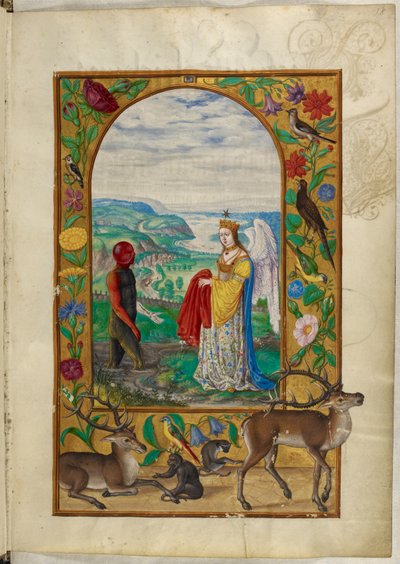 Ms Harley 3469, f.18 Queen erbjuder mantel till mannen i poolen, den fjärde liknelsen, från 