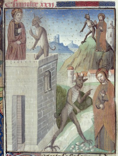 Ms Hunter 36 f.110r The Three Scenes of the Temptation, från Vita Christi, av Ludolf av Sachsen, ca 1300-7778 av German School