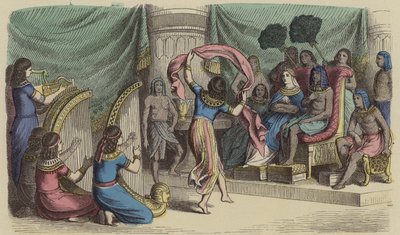 Musiker och dansare som uppträder inför farao i det antika Egypten (färgad gravyr) av German School