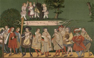 Musiker från Augsburg, Tyskland, spelar för dansare från Geschlechtertanz, 1520 av German School
