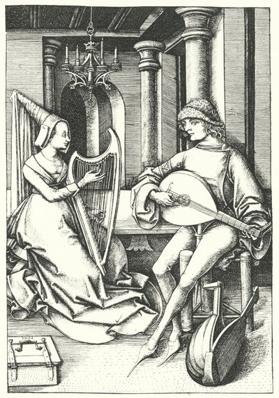Musiker som spelar luta och harpa i ett hus på landet på 1400-talet (gravyr) av German School