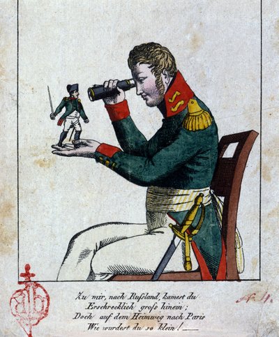 Napoleon I: den ryska kampanjen Hemma, i Ryssland, kom du fruktansvärt stor, men på väg tillbaka till Paris, eftersom du var (blev) liten! (dessutom rimmar det!!!) Puss. Tysk karikatyr av 1800-talet av German School