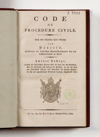 Napoleonska civilprocesslagen för de franska departementen på Rhens vänstra strand, öppen på titelsidan, Köln, 1809 (tryckt papper) av German School