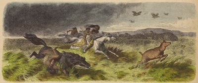 Indianer och djur som flyr från en präriebrand (färgad gravyr) av German School