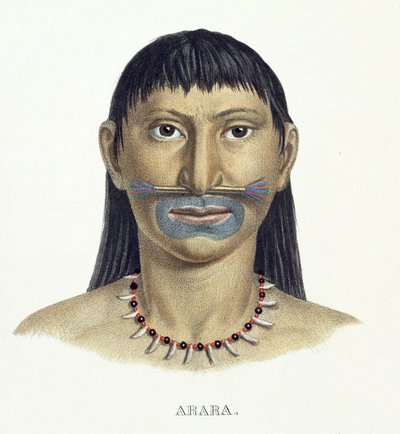 Infödd man av Arara-stammen med blå ansiktsfärg, från Atlas of a Journey in Brazil av Johann Baptist von Spix (1781-1826) och Karl Friedrich Philipp Martius (1794-1868), publicerad ca 1835-50 (färg av German School