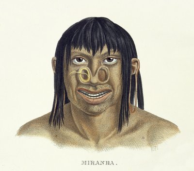Infödd man av Miranha-stammen, med näsdekoration, från Atlas of a Journey in Brazil av Johann Baptist von Spix (1781-1826) och Karl Friedrich Philipp Martius (1794-1868), publicerad ca 1835-50 (kol. av German School