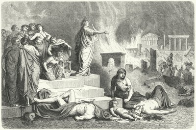 Nero under den stora branden i Rom, 64 (gravyr) av German School