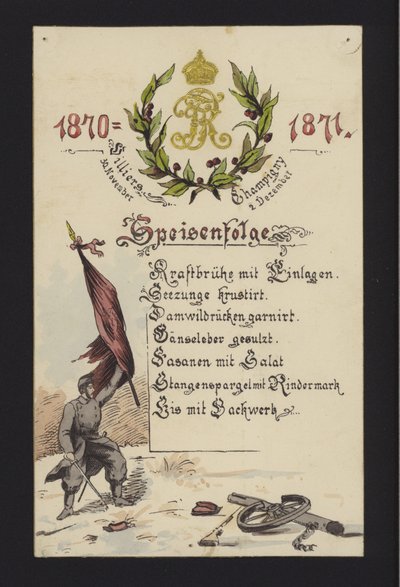 Nyårsbanketter som hölls av de ockuperande tyskarna i Villiers och Champigny, Paris, 30 december 1870 och 2 januari 1871 (färg litho) av German School