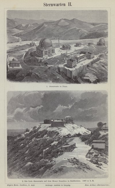 Nice Observatory, Frankrike, och Lick Observatory, Mount Hamilton, Kalifornien, USA (gravyr) av German School