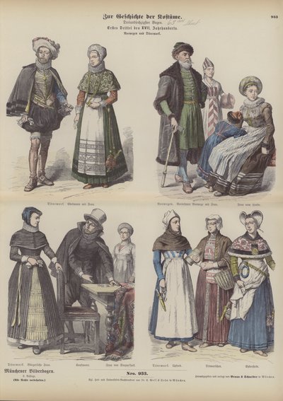 Norska och danska dräkter, tidigt 1600-tal (färgad gravyr) av German School
