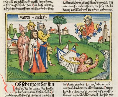 Nummer 16 32 Jorden sväljer rebellerna Dathan och Abiram, från Nürnbergbibeln (Biblia Sacra Germanaica) (färgat träsnitt) av German School