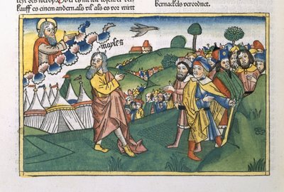 Nummer 1 1-20 Förberedelse för resan från berget Sinai, från Nürnbergbibeln (Biblia Sacra Germanaica) (färgat träsnitt) av German School