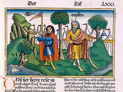Nummer 2 Israeliternas lägeruppdrag, från Nürnbergbibeln (Biblia Sacra Germanaica) (färgat träsnitt) av German School