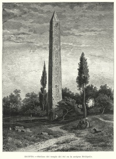 Obelisk av det antika egyptiska solens tempel i Heliopolis (litho) av German School
