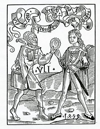 Of newe fassions and disgised Garmentes, illustration från Alexander Barclays engelska översättning av "The Ship of Fools", från en utgåva som publicerades 1874. av German School