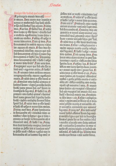 Öppningssidan av Första Moseboken från Gutenbergbibeln, tryckt av Johannes Gutenberg (ca 1400-68) och Peter Schoeffer (1425-1502) i Mainz, 1454-56 (tryckt papper) av German School