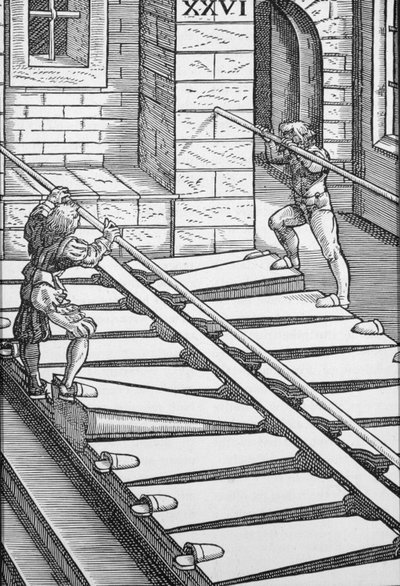 Orgelbälgar och blåsare i Halberstadt-katedralen, från "Praetorius Syntagma Musicum", pub. år 1619 (gravyr) av German School
