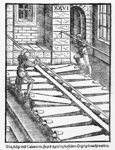Orgelbälgar och blåsare i Halberstadt-katedralen, från Praetorious Syntagma Musicum, pub. år 1619 av German School