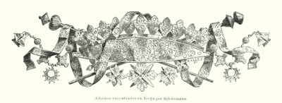 Prydnad som hittades av den tyske arkeologen Heinrich Schliemann under hans utgrävningar av platsen för det antika Troja (litho) av German School