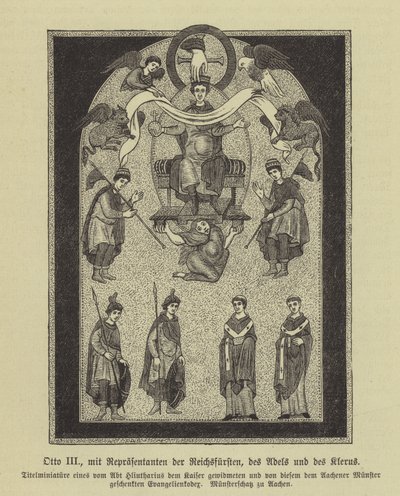 Otto III, helig romersk kejsare, med representanter för furstarna, adeln och prästerskapet (gravyr) av German School