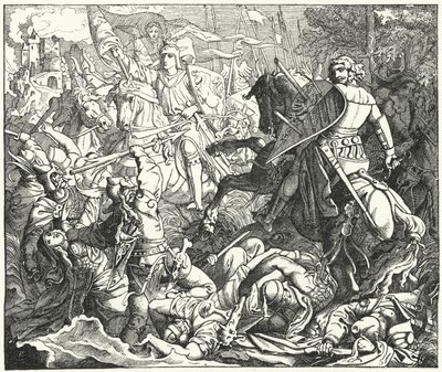 Otto I av Tyskland som besegrar magyarerna i slaget vid Lechfeld, 955 (gravyr) av German School