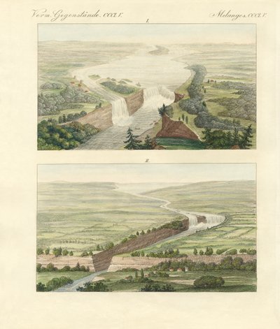 Över Niagarafallen och dess miljö (färgad gravyr) av German School