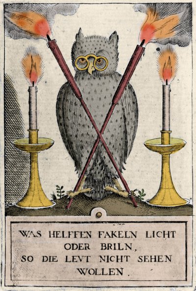 Uggla med glasögon, symbol för visdom. Gravyr av "Amphitheatrum sapientiae aeternae". (Amphitheatre of eternal visdom) (Hamburg: n.n. av German School