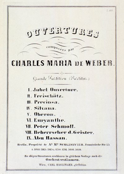 Sida med presentation av ouverturer från olika operor av Carl Maria von Weber (litho) av German School