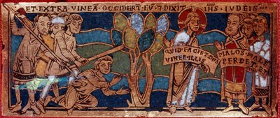 Liknelse om arbetarna av vinstocken eller liknelse om arbetarna i elfte timmen. Emaljplåt på koppar. Rhenane skola. 1100-talet. Florens, Nazionale Museo del Bargello av German School