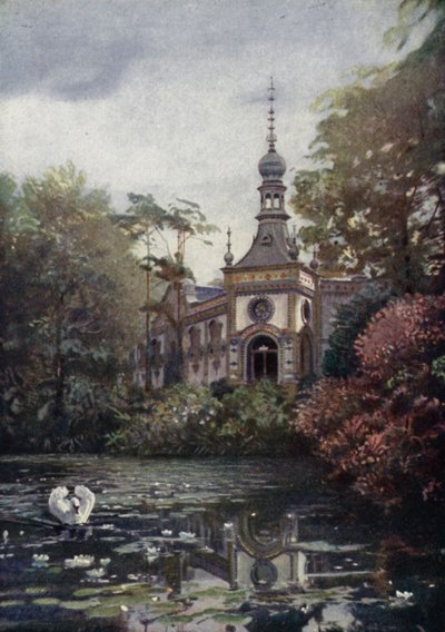 En del av Vierwaldstattersee och det nya aphuset, Berlins zoologiska trädgård, Tyskland (färg litho) av German School