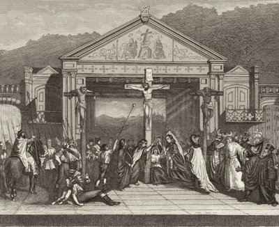 Passionsspel i Oberammergau, Bayern, Tyskland. Illustration för Bilder-Atlas (gravyr) av German School