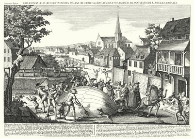 Bönder angriper ballongen av Jacques Charles och Robert Brothers efter att den kom ner vid Gonesse, 27 augusti 1783 (gravyr) av German School