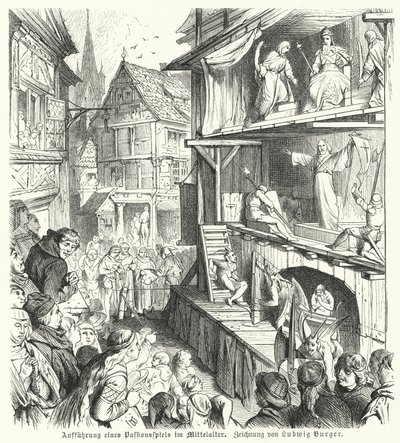 Framförande av ett passionsspel under medeltiden (gravyr) av German School