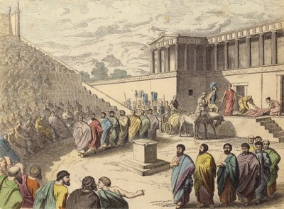 Föreställning av pjäsen Agamemnon på en teater i antikens Grekland (färgad gravyr) av German School