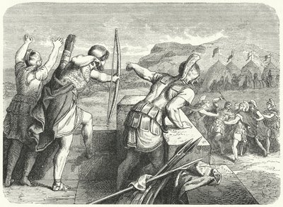 Filip II av Makedonien skadad i ögat vid belägringen av Methone, 355 f.Kr. (gravyr) av German School