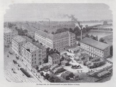 Pianofabrik av Julius Bluethner, Leipzig, Tyskland (gravyr) av German School
