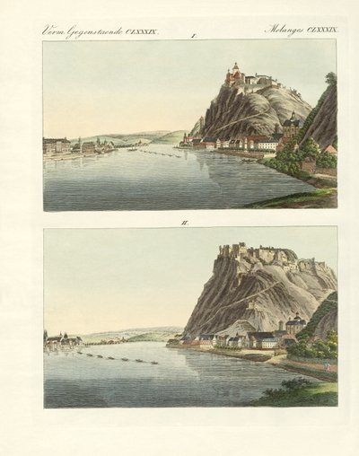 Pittoreska vyer över Rhen (färgad gravyr) av German School