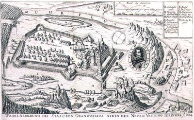 Plan över granitfästet nära New Serinwar 1664, illustration från en bok om de osmanska kampanjerna i Europa, graverad av Paul Furst (ca 1605-66) (gravyr) av German School