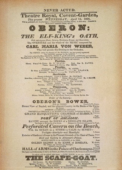 Playbill av den första föreställningen av "Oberon", av Carl Maria von Weber, i Convent Garden, London, 12 april av German School