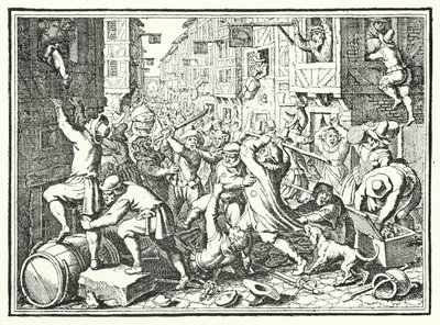 Plundringen av Judengasse, det judiska gettot i Frankfurt, i Fettmilch-upproret, 1614 av German School