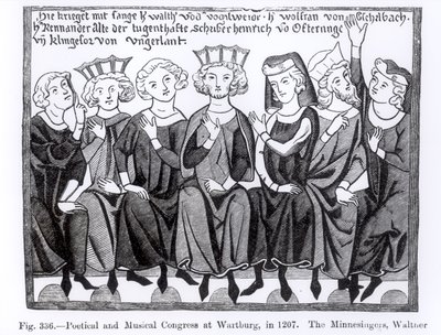 Poetisk och musikalisk kongress, Wartburg, 1207, illustration från vetenskap och litteratur under medeltiden och renässansen, skriven och graverad av Paul Lacroix, 1878 av German School