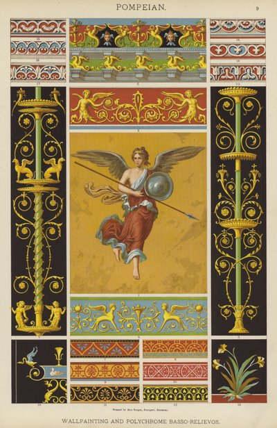 Pompeiansk, väggmålning och polykrom Basso-Relievo (färg litho) av German School