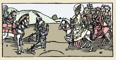 Påven Leon I möter Attila och Arrete - Barbarians invasioner - Gravyr från "Leben der Heiligen - sommerteil" (The Book of the Saint) av Jacobus (James) av Voragine (1228-1298). Lübeck 1488. av German School