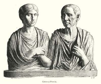 Porcia och Cato, antik romersk gravsten (litho) av German School