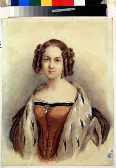 Porträtt av prinsessan Marie av Hessen och Rhen (1824-1880), som kommer att bli kejsarinna av Ryssland (Porträtt av prinsessan Marie av Hessen och Rhen, framtida kejsarinna av Ryssland). Anonym målning. Akvarell på papper, 39,3 x 23 cm, sent 1830. Tysk kon av German School