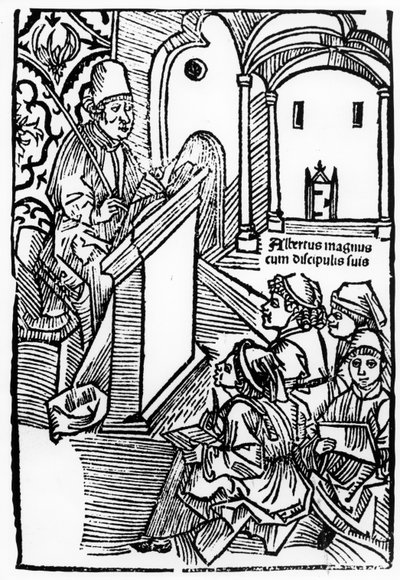Porträtt av Albertus Magnus med några av hans elever, illustration till titelbladet till Epitomata, reparationer eller hela Aristoteles naturfilosofi. av Gerardus de Harderwyck, publicerad 14 av German School