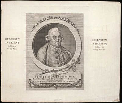 Porträtt av Carl Philipp Emanuel Bach (1714-88) graverad av C. D. Krohn, 1788 av German School
